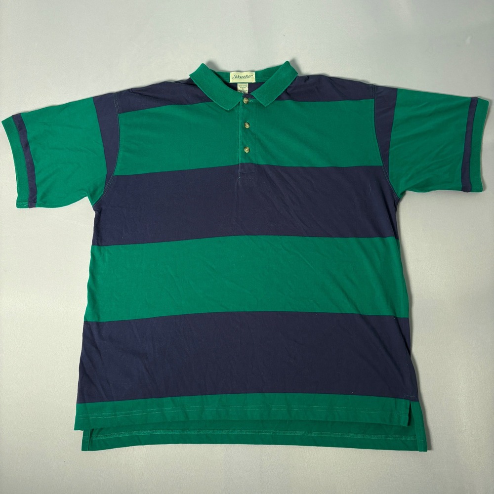 VTG St Johns Bay Mens XL Polo Shirt Green Navy Blue Striped Short Sleeve Cotton